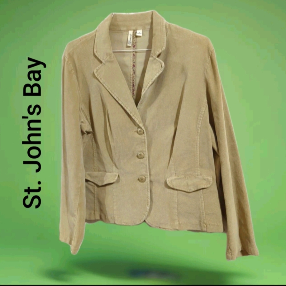 St Johns Bay Vtg Blazer Tan Corduroy Stretch Button Front Pockets Large